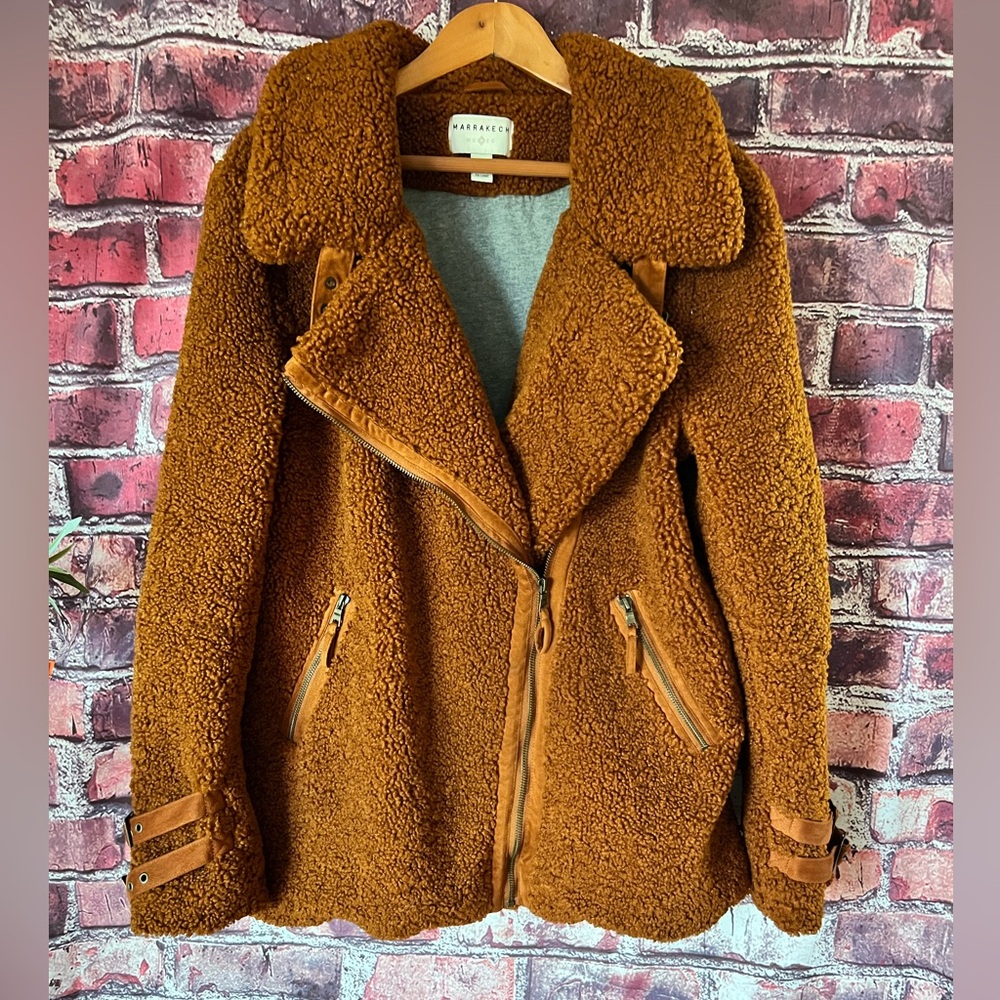 Anthropologie Marrakech Sherpa Teddy Moto Jacket Rust Brown XL